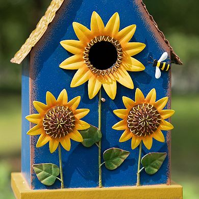 Glitzhome 52.5''H Metal Daisy Garden Birdhouse, Decorative Hanging Birdhouse with Stake