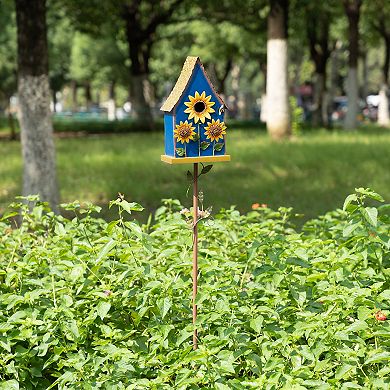 Glitzhome 52.5''H Metal Daisy Garden Birdhouse, Decorative Hanging Birdhouse with Stake