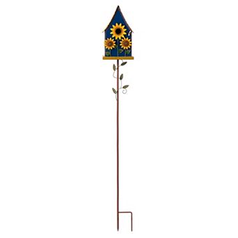 Glitzhome 52.5''H Metal Daisy Garden Birdhouse, Decorative Hanging Birdhouse with Stake