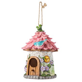 Glitzhome 9''H Resin Roof Garden Birdhouse, Decorative Bird House for Outdoor Use