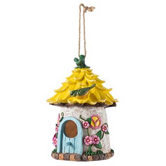 Glitzhome 9''H Resin Roof Garden Birdhouse, Decorative Bird House for Outdoor Use