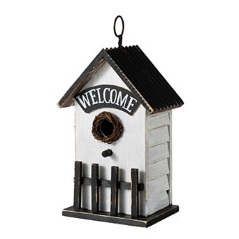 Glitzhome Decorative Bird House - 11"H Washed White Solid Wood Fence Outdoor Garden Birdhouse
