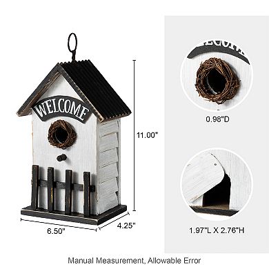 Glitzhome Decorative Bird House - 11"H Washed White Solid Wood Fence Outdoor Garden Birdhouse