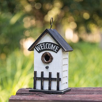 Glitzhome Decorative Bird House - 11"H Washed White Solid Wood Fence Outdoor Garden Birdhouse