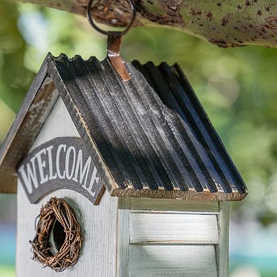 Glitzhome Decorative Bird House - 11"H Washed White Solid Wood Fence Outdoor Garden Birdhouse