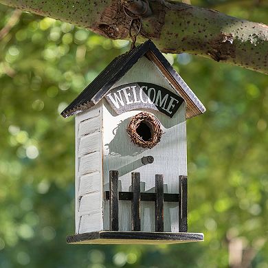 Glitzhome Decorative Bird House - 11"H Washed White Solid Wood Fence Outdoor Garden Birdhouse
