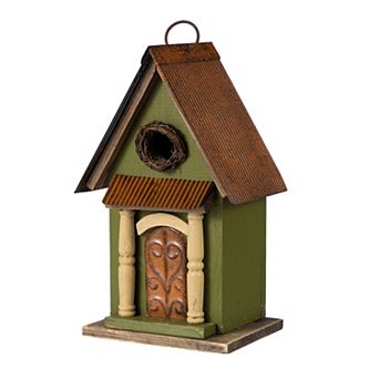 Glitzhome 11.25"H Wood Hanging Bird House, Decorative Outdoor Garden Birdhouse, Vintage Green