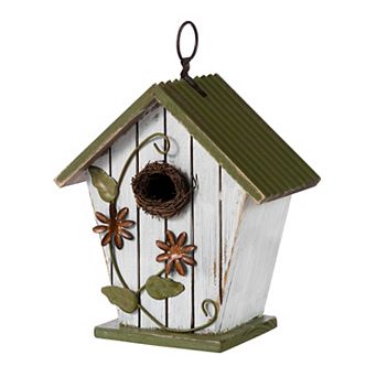 Glitzhome 8.75"H Wooden Decorative Bird House, Decorative Outdoor Garden Birdhouse with 3D Flower