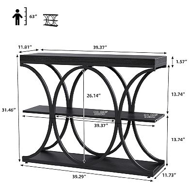 3-Tier Industrial Entryway Table w/Oval-Shaped Metal Frame, Open Shelf Console Sofa Table