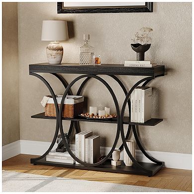 3-Tier Industrial Entryway Table w/Oval-Shaped Metal Frame, Open Shelf Console Sofa Table