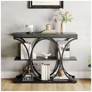 3-Tier Industrial Entryway Table w/Oval-Shaped Metal Frame, Open Shelf Console Sofa Table