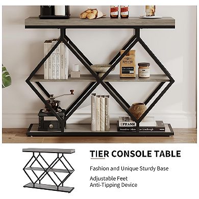 3-Tier Entryway Table - Industrial Console Sofa Table with Storage & Open Shelves