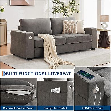 90" Loveseat Sofa for Living Room, Chenille Sofa with Removable Cover & USB/Type-c Charging Port