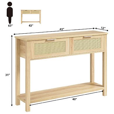 43" Farmhouse Rattan Console Table for Entryway - Narrow Wood Couch Table with 2 Drawers