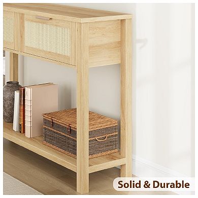 43" Farmhouse Rattan Console Table for Entryway - Narrow Wood Couch Table with 2 Drawers
