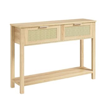 43" Farmhouse Rattan Console Table for Entryway - Narrow Wood Couch Table with 2 Drawers