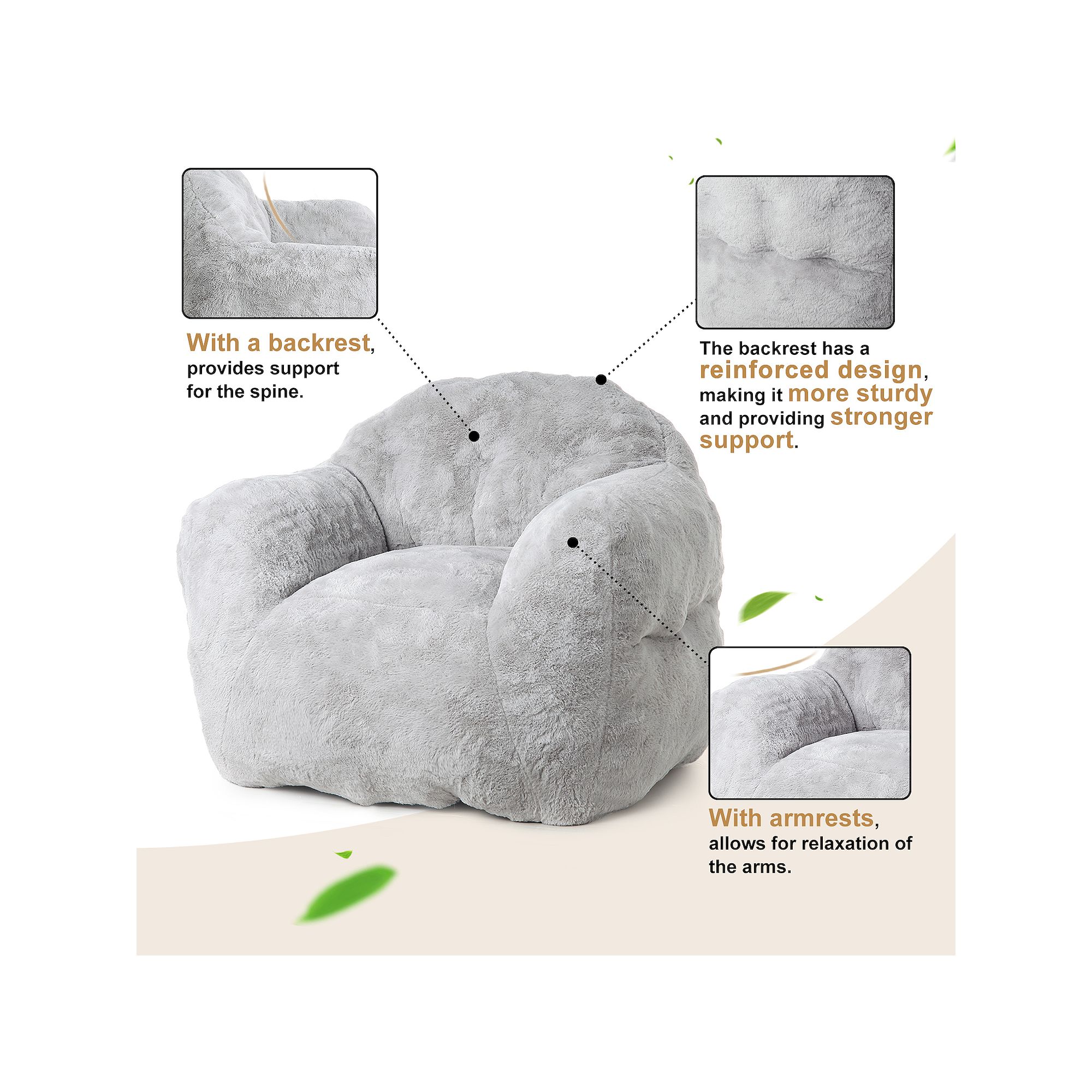 Bean bag chair features: backrest and armrests in gray plush fabric
