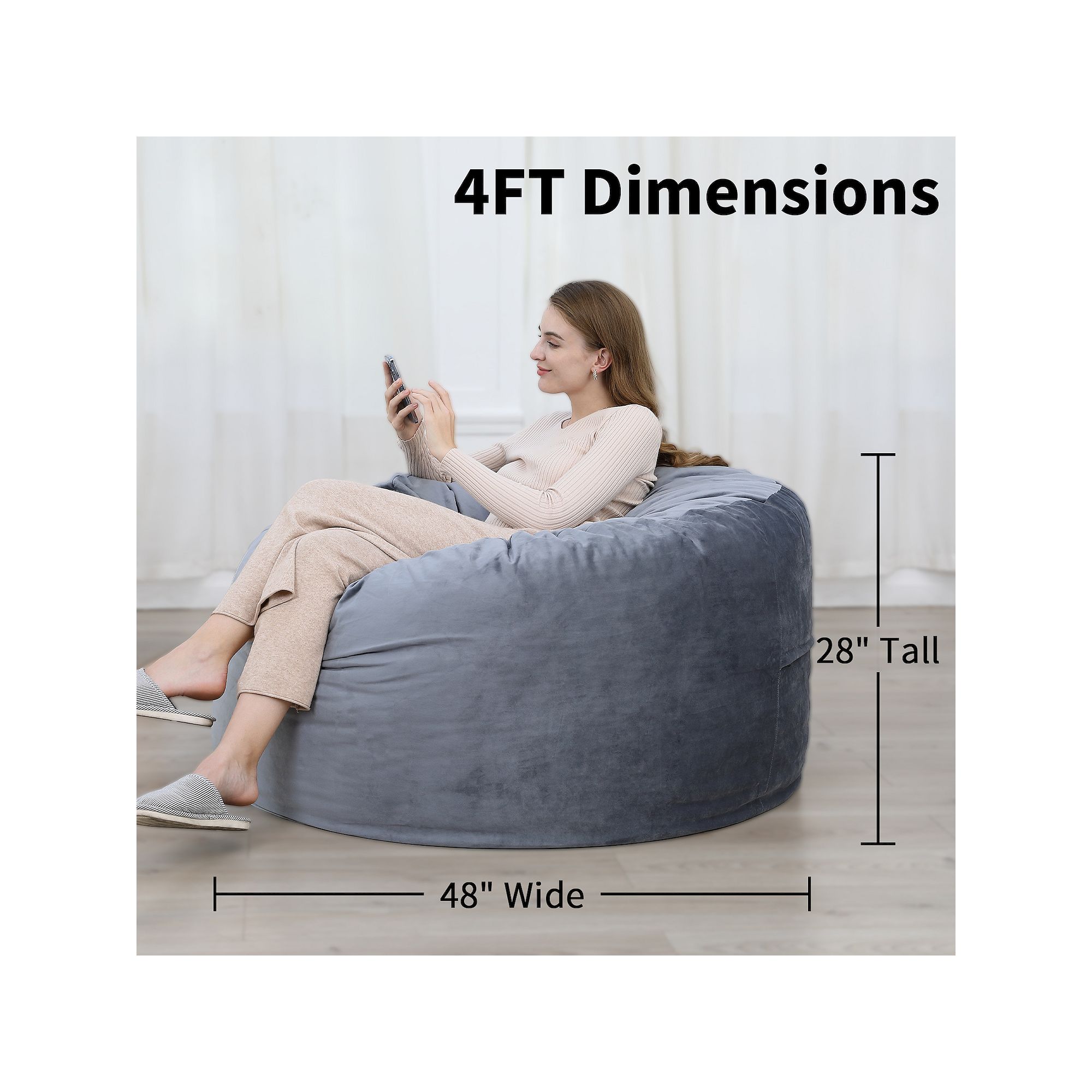 4FT bean bag chair size diagram showing 48-inch wide and 28-inch tall