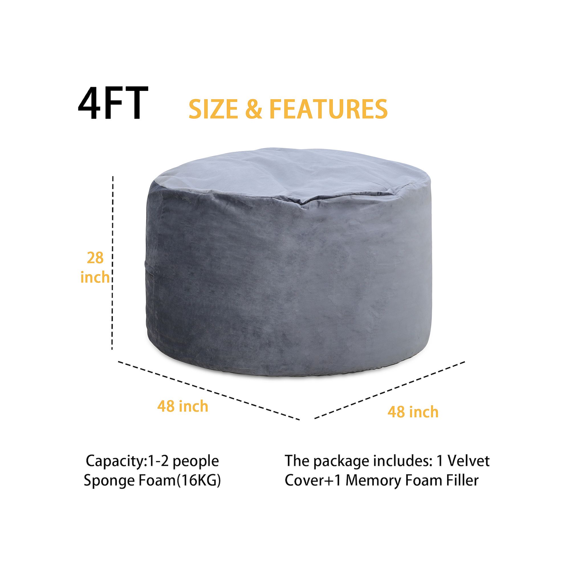 Bean bag chair 4FT size & features: 48-inch by 28-inch with 1-2 person capacity