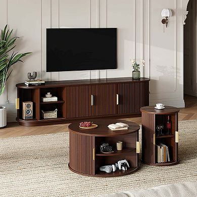 Wood TV Stand and Coffee Table Set with Fluted Sliding Doors and Adjustable Storage