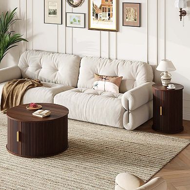 Wood TV Stand and Coffee Table Set with Fluted Sliding Doors and Adjustable Storage