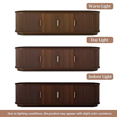 Wood TV Stand and Coffee Table Set with Fluted Sliding Doors and Adjustable Storage