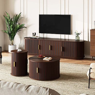 Wood TV Stand and Coffee Table Set with Fluted Sliding Doors and Adjustable Storage