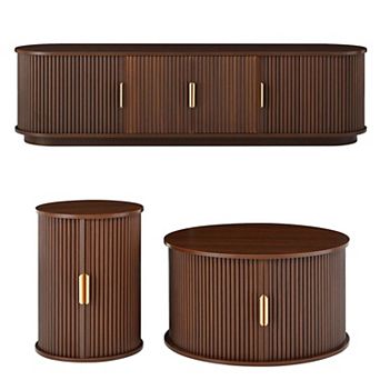 Wood TV Stand and Coffee Table Set with Fluted Sliding Doors and Adjustable Storage