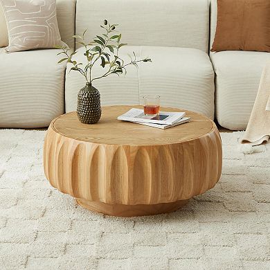Round Solid Wood Carved Coffee Table with Sculptural Base and Mountain Grain Top