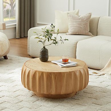 Round Solid Wood Carved Coffee Table with Sculptural Base and Mountain Grain Top
