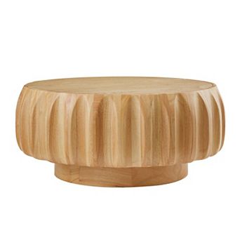 Round Solid Wood Carved Coffee Table with Sculptural Base and Mountain Grain Top