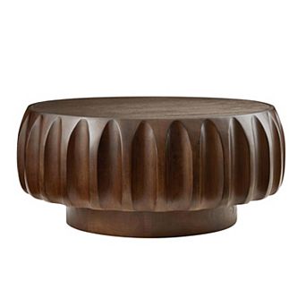 Round Solid Wood Carved Coffee Table with Sculptural Base and Mountain Grain Top