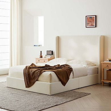 Upholstered Wingback Platform Bed with 52.3 Inch High Headboard and No Box Spring Needed King