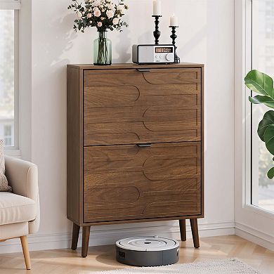 Modern Walnut Flip Drawer Shoe Cabinet with Adjustable Storage