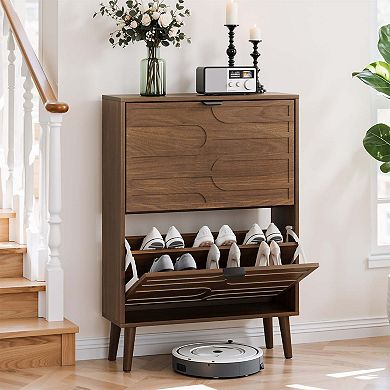 Modern Walnut Flip Drawer Shoe Cabinet with Adjustable Storage