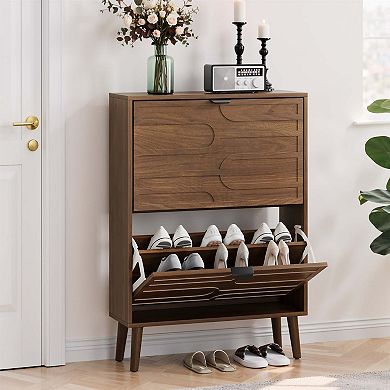 Modern Walnut Flip Drawer Shoe Cabinet with Adjustable Storage