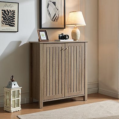 Two Door Slat Style Shoe Storage Cabinet with Four Shelves Dark Taupe