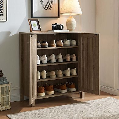 Two Door Slat Style Shoe Storage Cabinet with Four Shelves Dark Taupe
