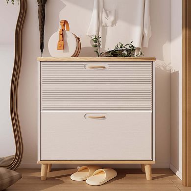 Slim Entryway Shoe Cabinet with Two Flip Drawers and Wood Legs