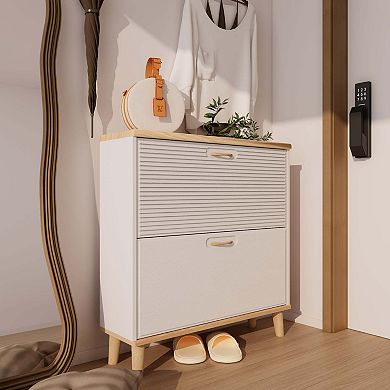 Slim Entryway Shoe Cabinet with Two Flip Drawers and Wood Legs