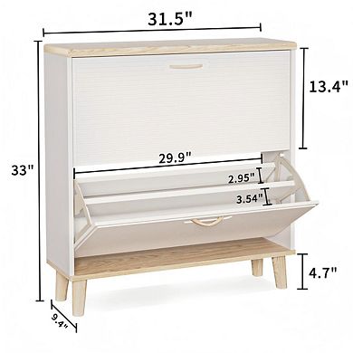 Slim Entryway Shoe Cabinet with Two Flip Drawers and Wood Legs