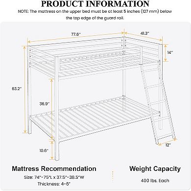 Heavy Duty Twin Over Full Metal Bunk Bed with Guardrail No Box Spring for Adults Dorm Guest Room