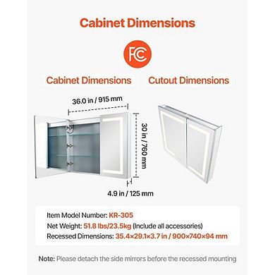 Wall-Mount LED Mirror Cabinet with Soft-Close Hinges and Adjustable Interior Shelves - Grey