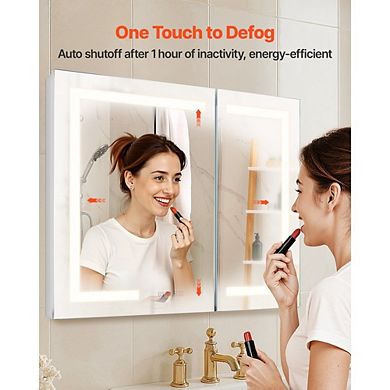 Wall-Mount LED Mirror Cabinet with Soft-Close Hinges and Adjustable Interior Shelves - Grey