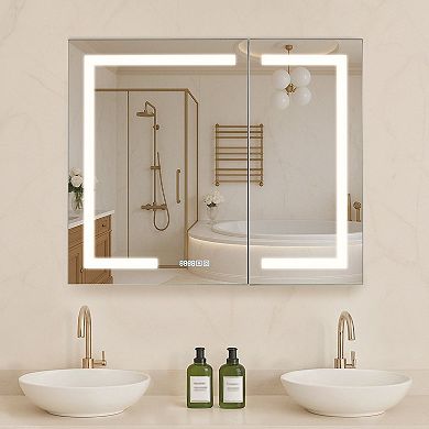 Wall-Mount LED Mirror Cabinet with Soft-Close Hinges and Adjustable Interior Shelves - Grey