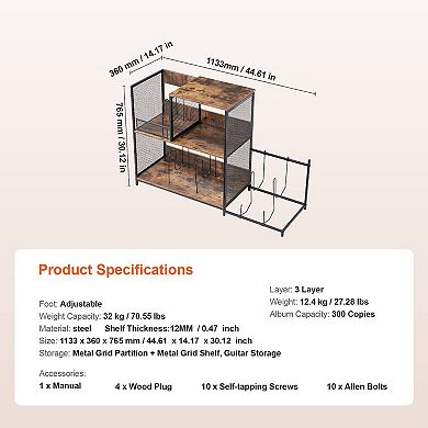 Vinyl Record Player Table with Storage Shelf and Guitar Display Stand - Brown