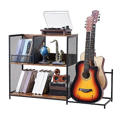 Vinyl Record Player Table with Storage Shelf and Guitar Display Stand - Brown