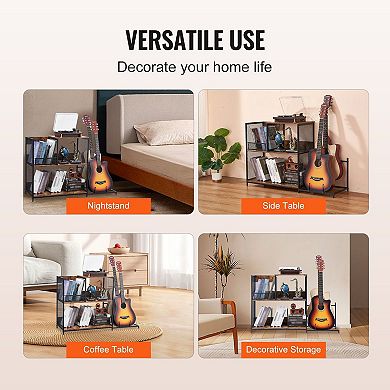 Vinyl Record Player Table with Storage Shelf and Guitar Display Stand - Brown