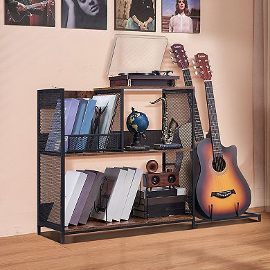 Vinyl Record Player Table with Storage Shelf and Guitar Display Stand - Brown