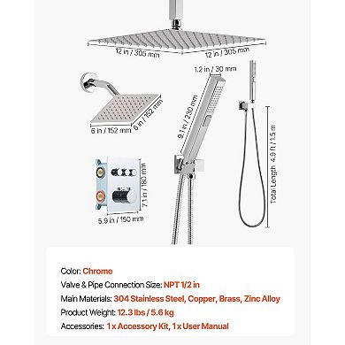 Multi-Function Shower with Rainfall Head, Handheld Hose, and Adjustable Side Shower - Chrome